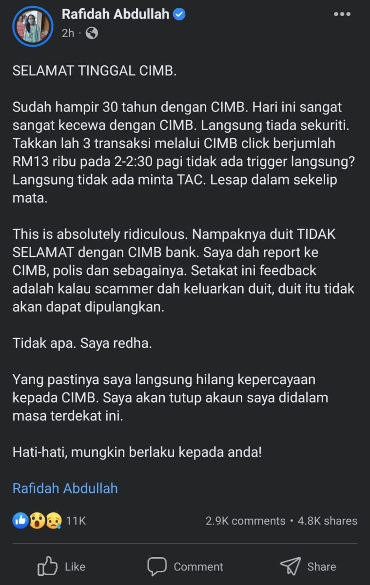 Kecoh RM13k hilang, warganet dedah CIMB pemegang rekod simpanan terburuk di Malaysia